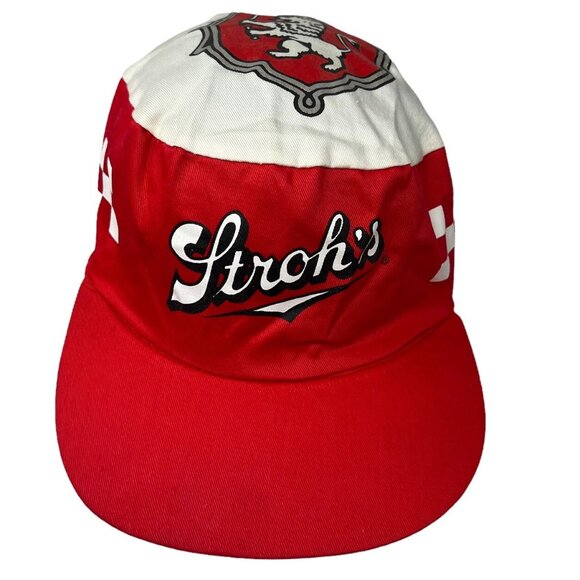 Stroh's Beer Vintage Snapback Hat Cap Lion Crest Logo Checkered White Red Vtg - Picture 1 of 11
